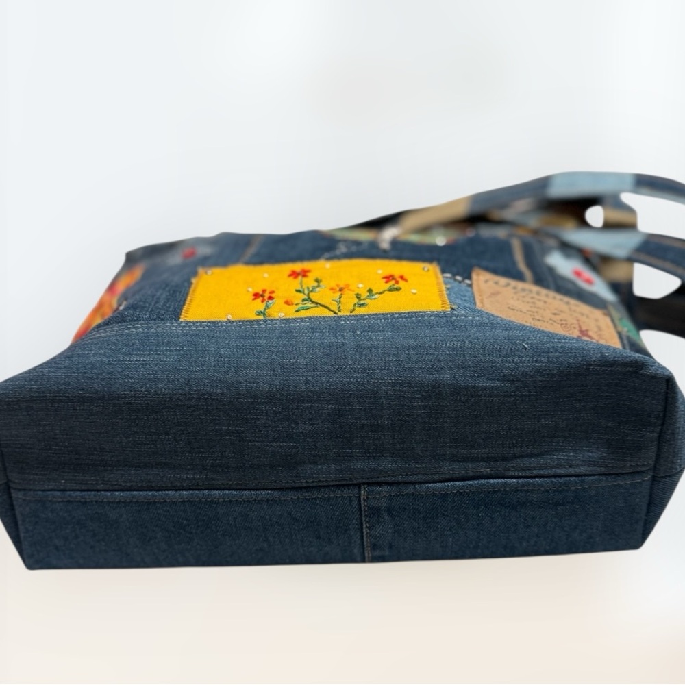 Handmade Upcycled Denim Tote Bag – Dragonfly & Patchwork Design - Picture 13 of 15